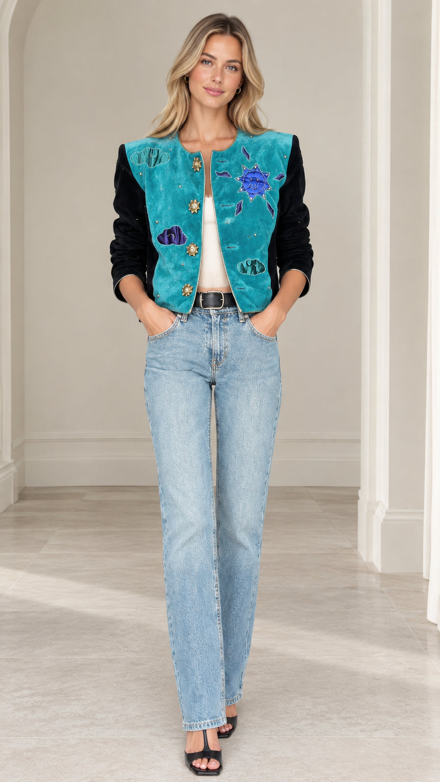 Model wearing teal celestial applique cropped jacket with black velvet sleeves and light wash jeans front view