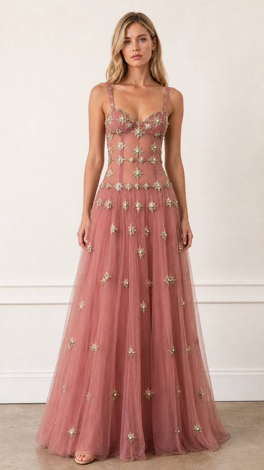 Front view of Dusty Rose embroidered starburst tulle evening gown