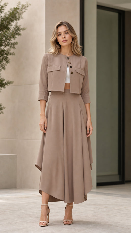 Model wearing taupe cropped jacket and asymmetrical maxi skirt two-piece set front view