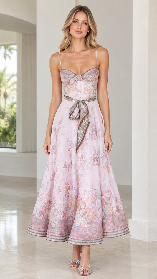 Front view of woman wearing blush pink vintage floral corset midi dress