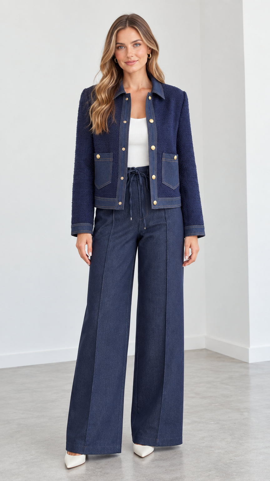 Women's navy blue textured cropped jacket and wide leg pants two piece set front view