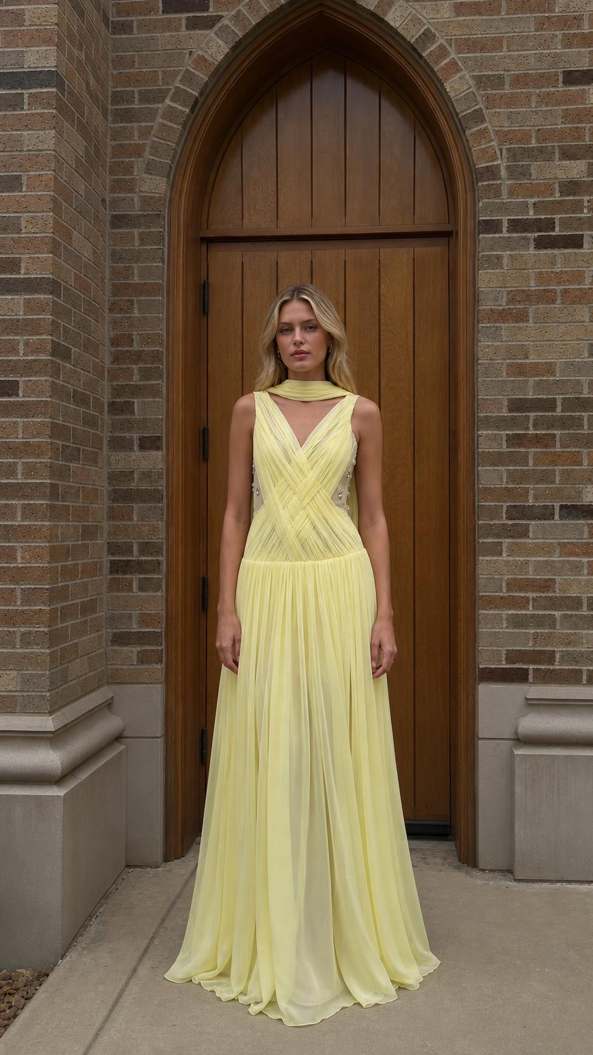 Front view of yellow chiffon maxi dress with matching scarf