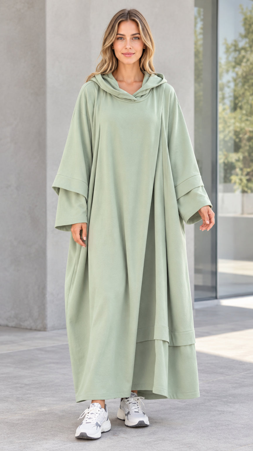 Front view of woman wearing oversized hooded sage green maxi dress with sneakers