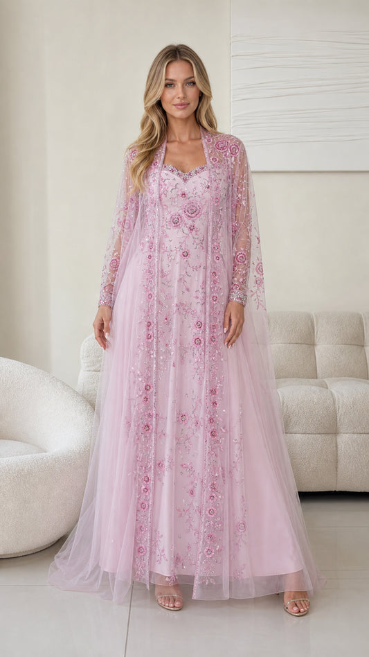 Front view of pink embroidered tulle evening dress and matching jacket set