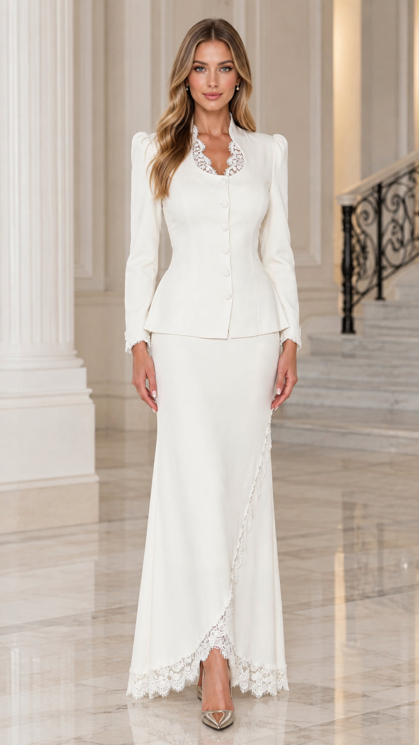 Front full view of woman wearing ivory lace-trim peplum jacket and maxi skirt suit set