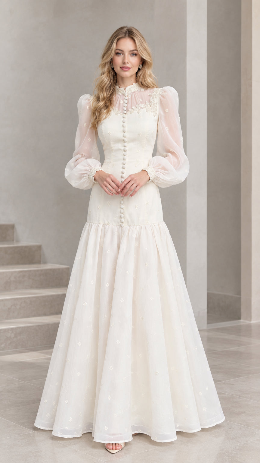 Front full view of Ivory lace high neck long sleeve maxi dress