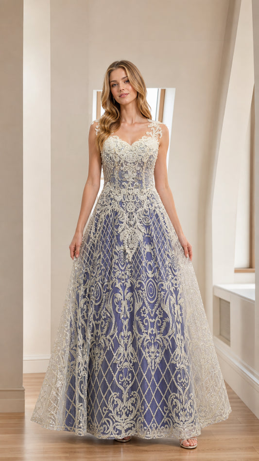 Front view of blue embroidered A-line evening gown