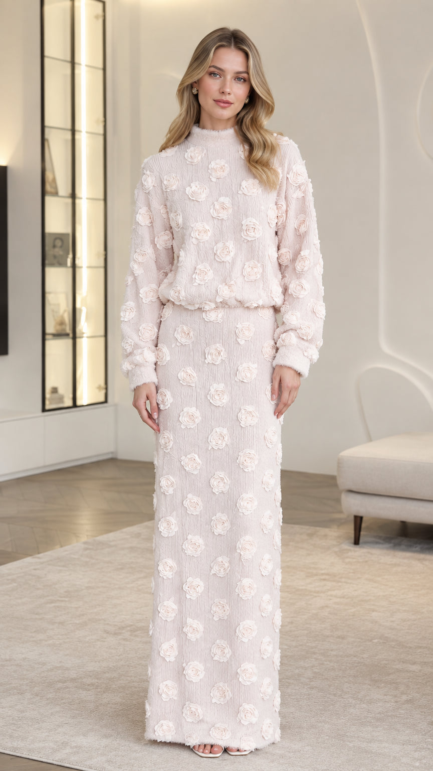 Front full-length view of woman wearing Blush Pink 3D floral appliqué long sleeve top and maxi skirt set