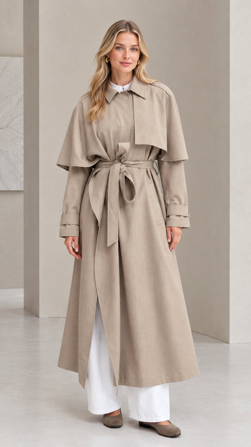 Front full view of women's taupe capelet maxi trench coat with tie belt