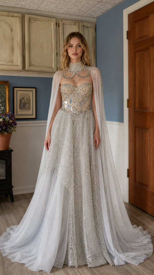 Front view of model wearing silver beaded corset evening gown with cape