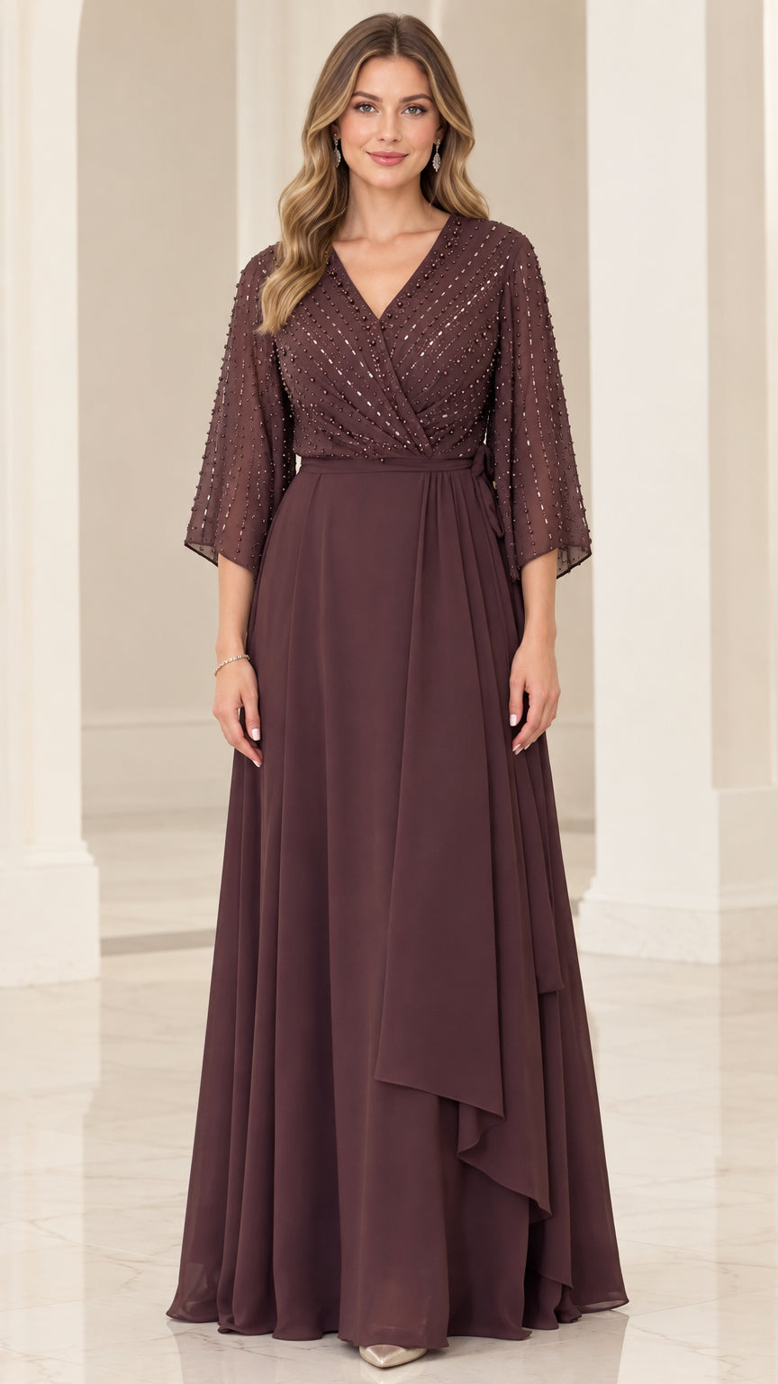 Full front view of Plum beaded V-neck chiffon maxi evening dress