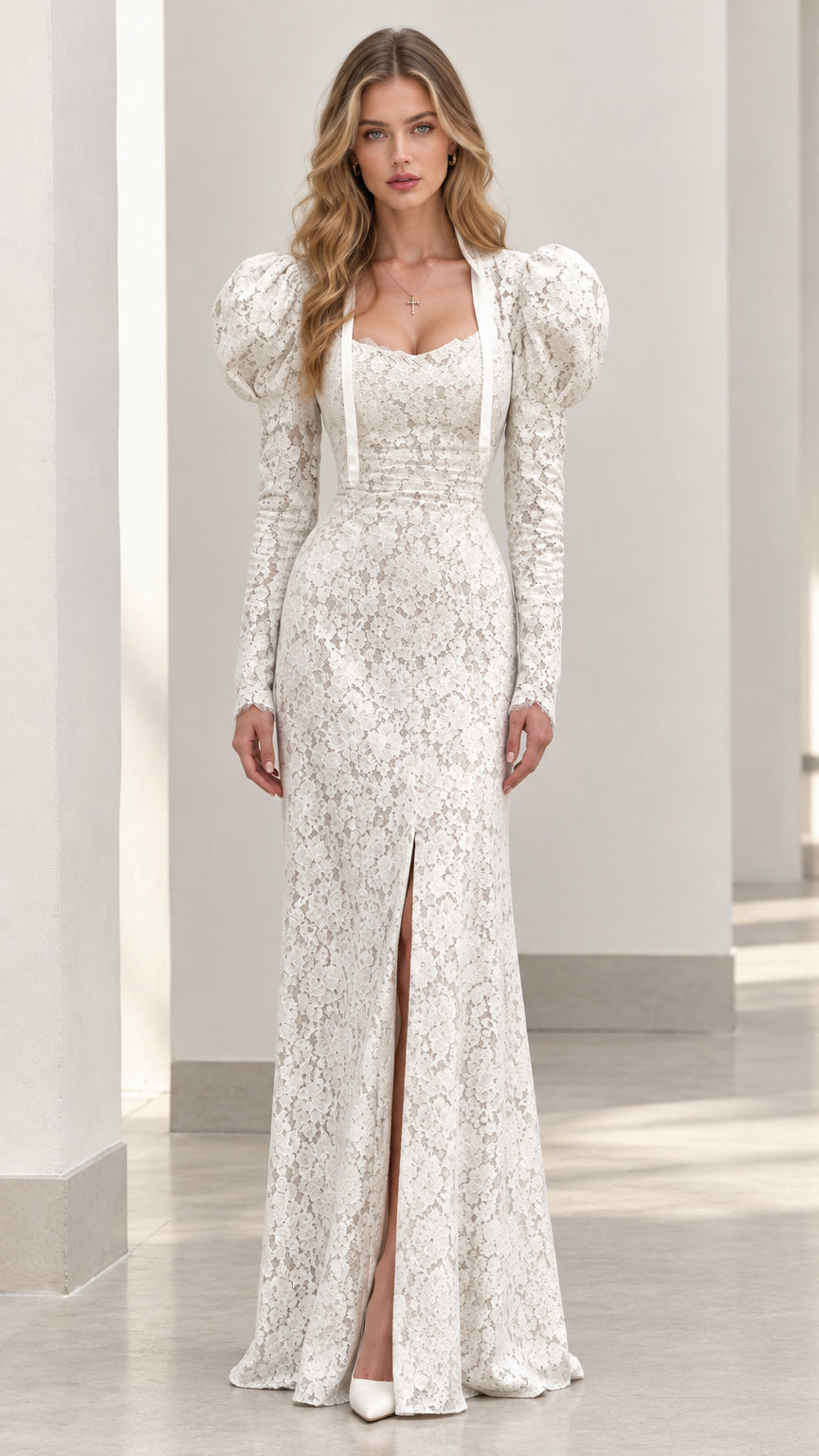 Full front view of elegant white lace maxi dress with puff sleeves and front slit