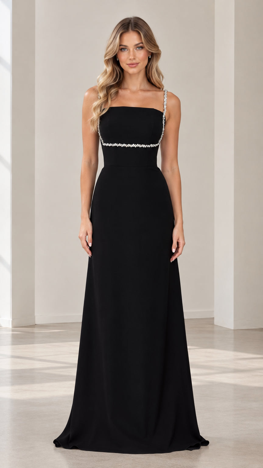 Front view of black square neck formal maxi dress with sparkling rhinestone straps