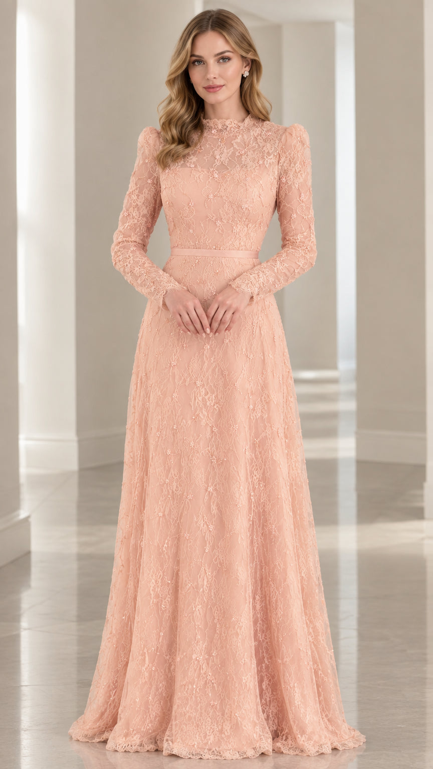 Full front view of model wearing blush pink high-neck long sleeve lace maxi dress