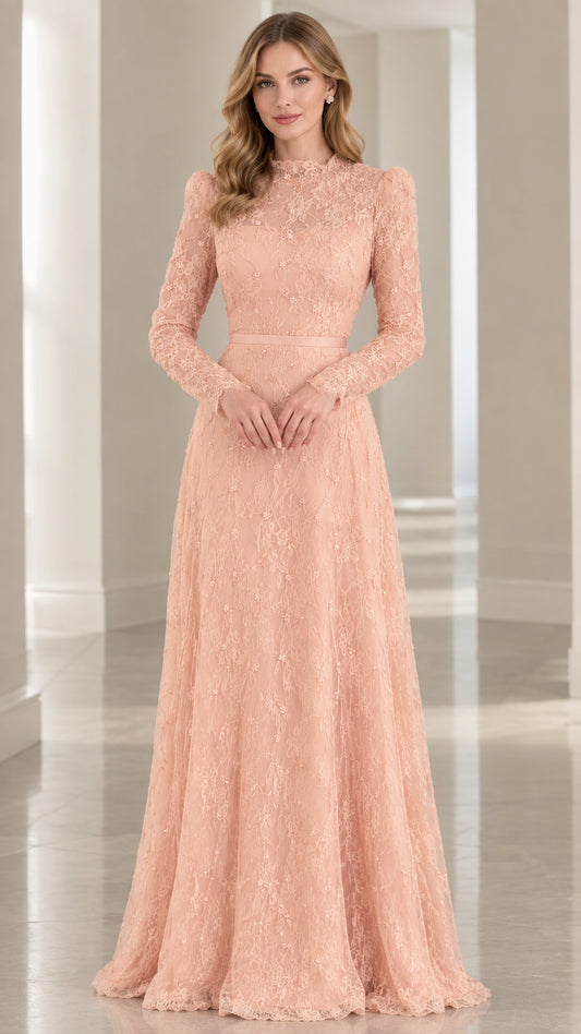 Full front view of model wearing blush pink high-neck long sleeve lace maxi dress