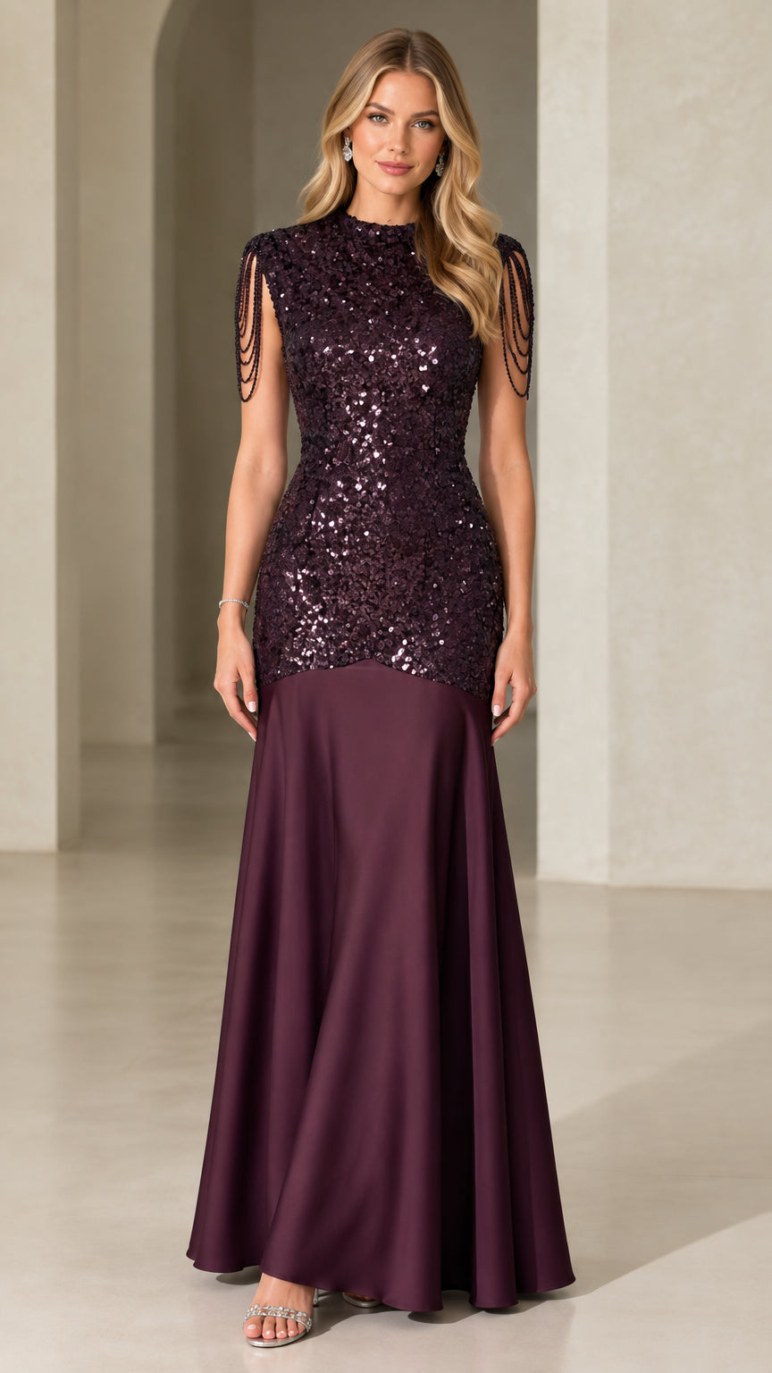 Front view of model wearing burgundy sequin high neck evening gown with beaded shoulder fringe
