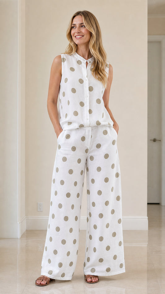 Woman wearing white polka dot sleeveless top and wide-leg pants set, front view