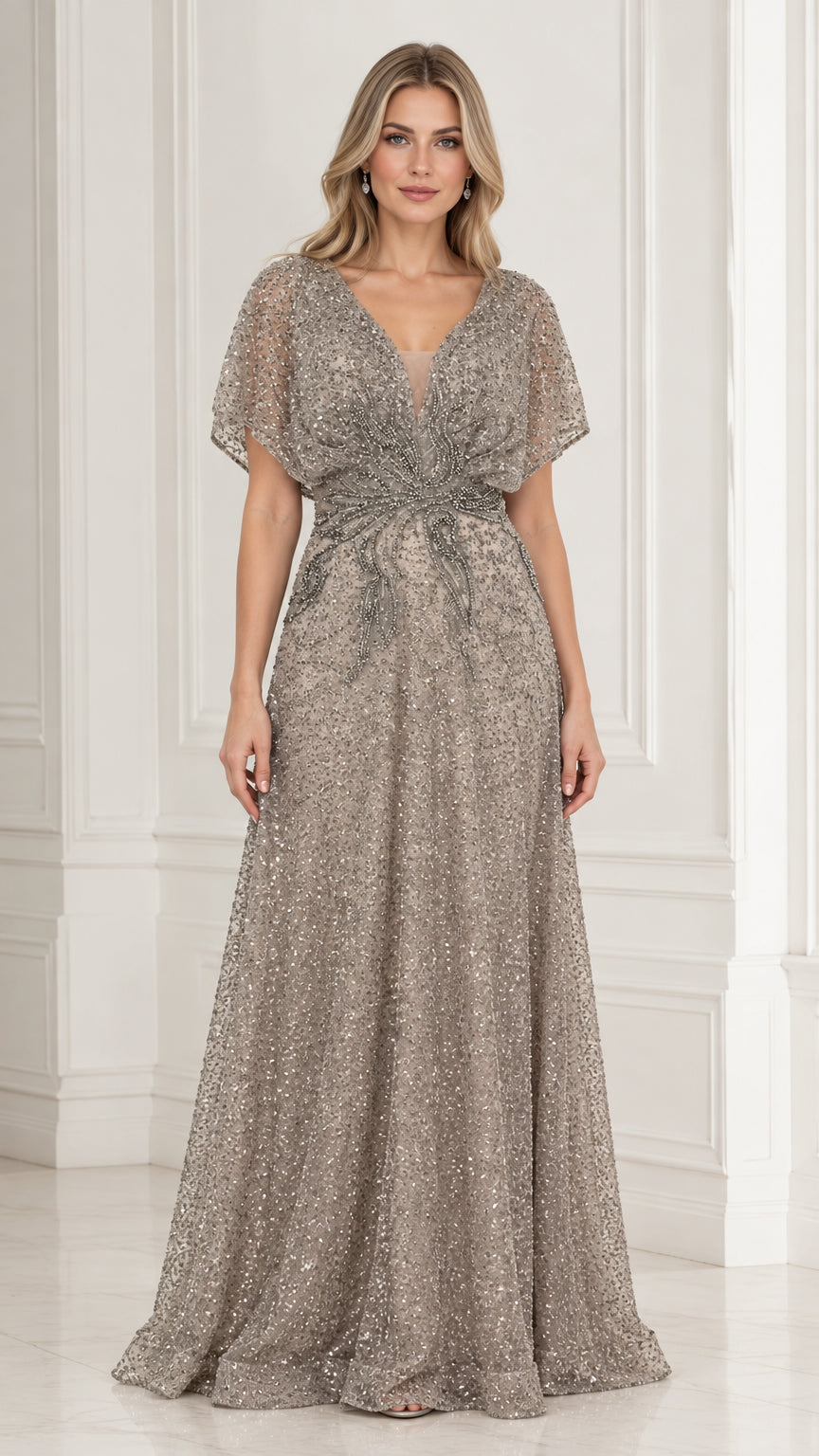 Front view of model wearing taupe beaded flutter sleeve A-line evening gown