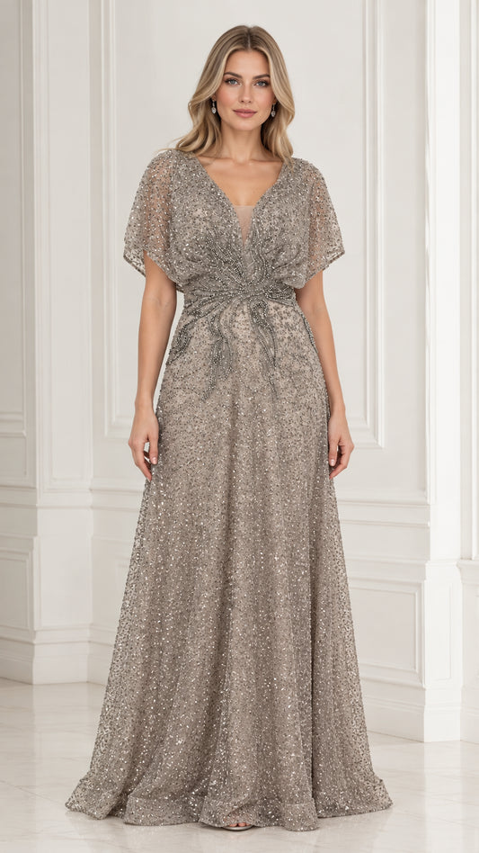 Front view of model wearing taupe beaded flutter sleeve A-line evening gown