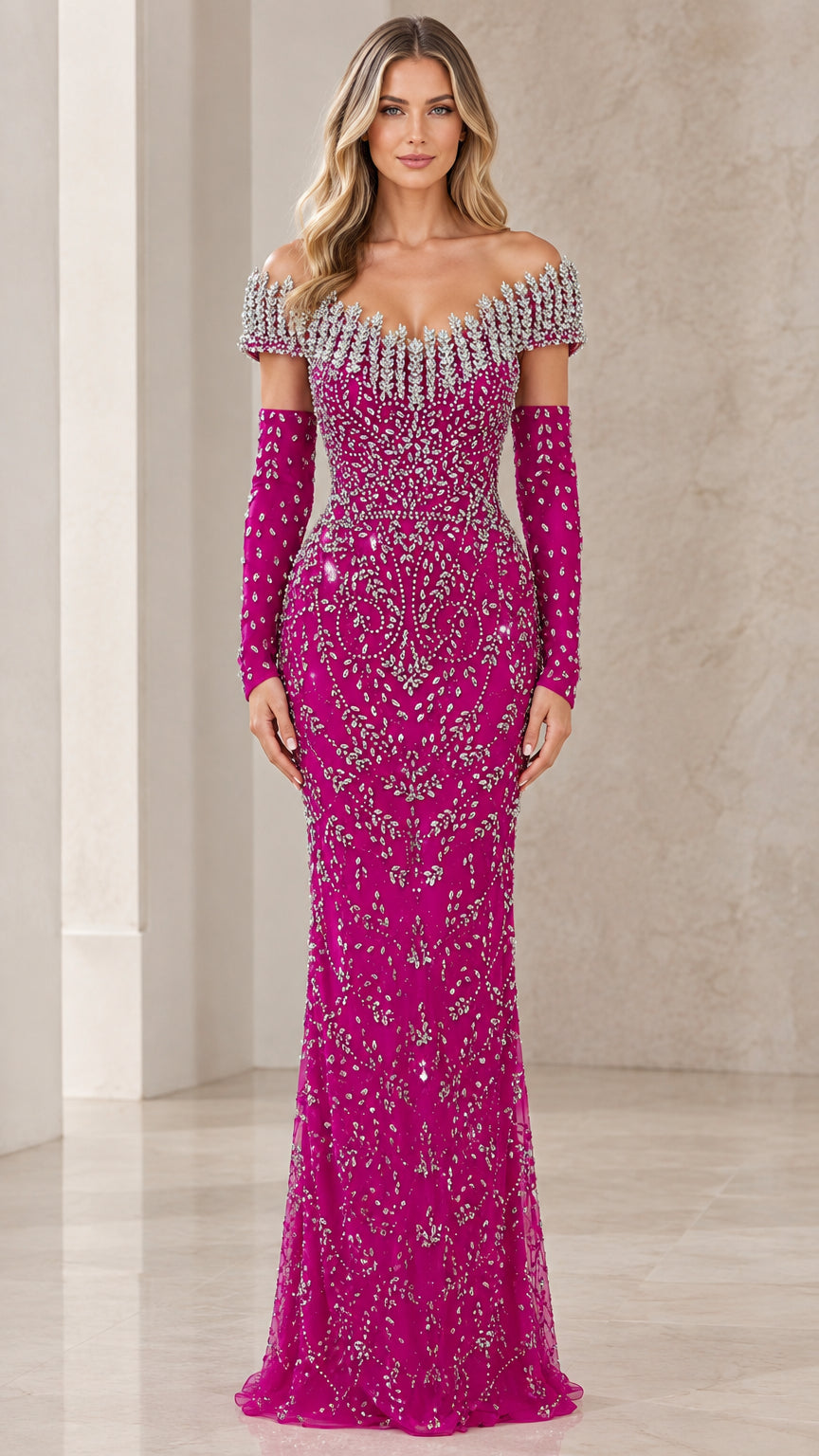 Front view of woman wearing magenta off-the-shoulder beaded evening gown with matching gloves