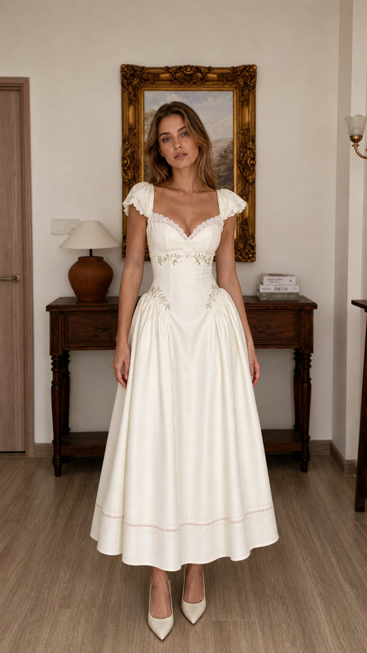 Vintage Romance Embroidered Corset Midi Dress in Cream front view