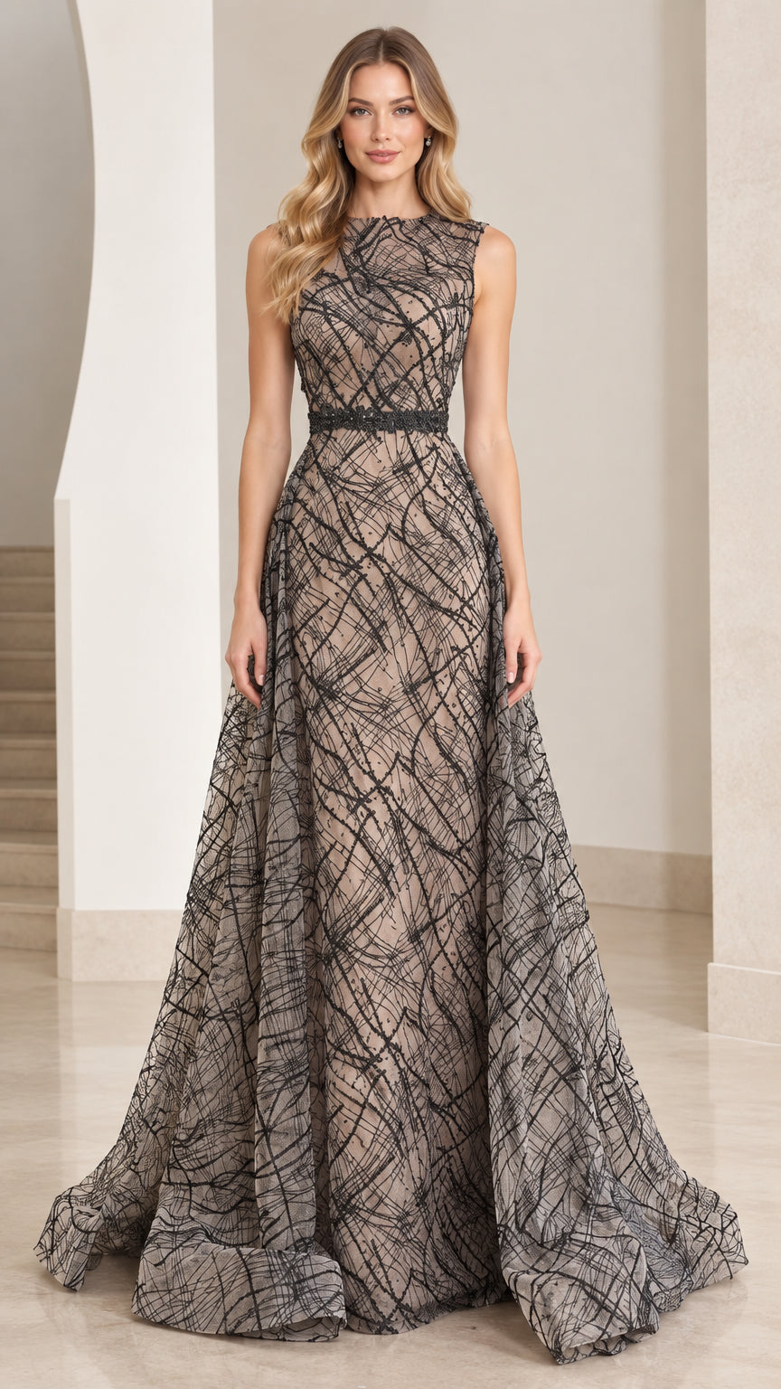Front view of model wearing charcoal grey sleeveless A-line evening gown with abstract linear pattern