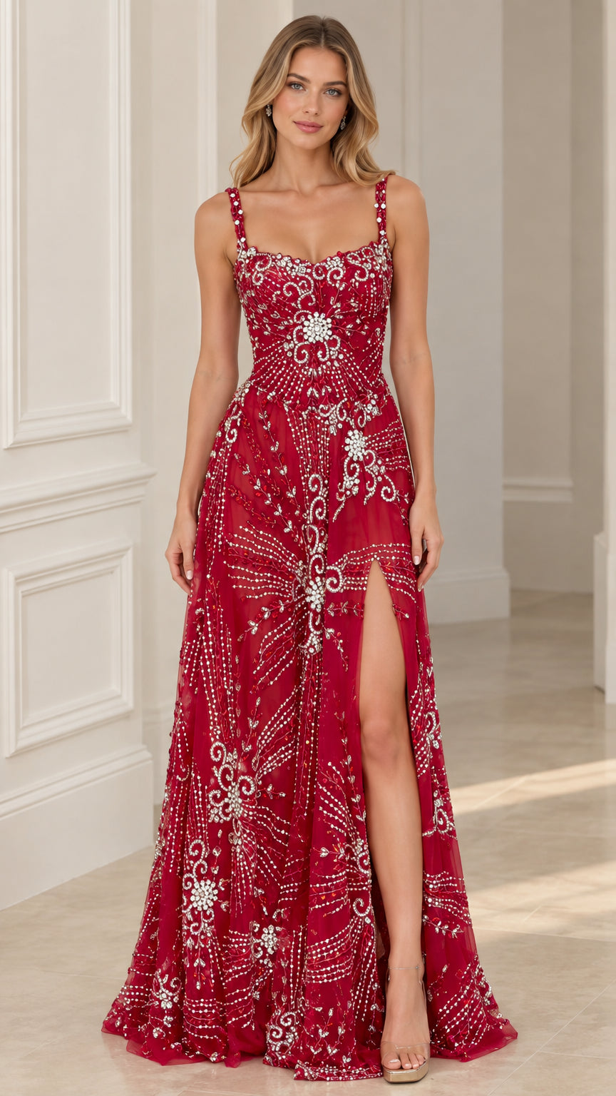 Front full-length view of Ruby Red embellished beaded evening gown with thigh-high slit