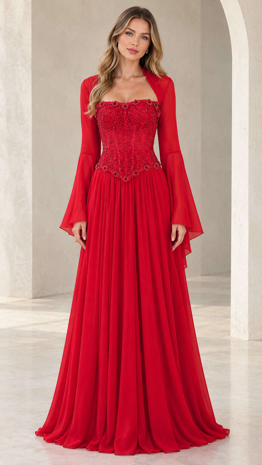 Red corset beaded maxi evening dress with bell sleeves front view