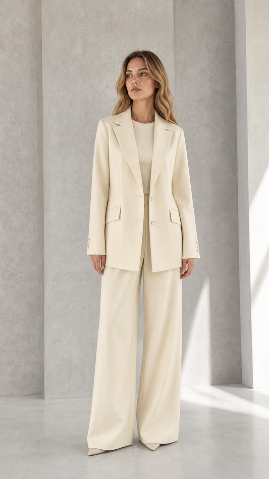 Front view of woman wearing cream tailored blazer and wide-leg trousers suit set