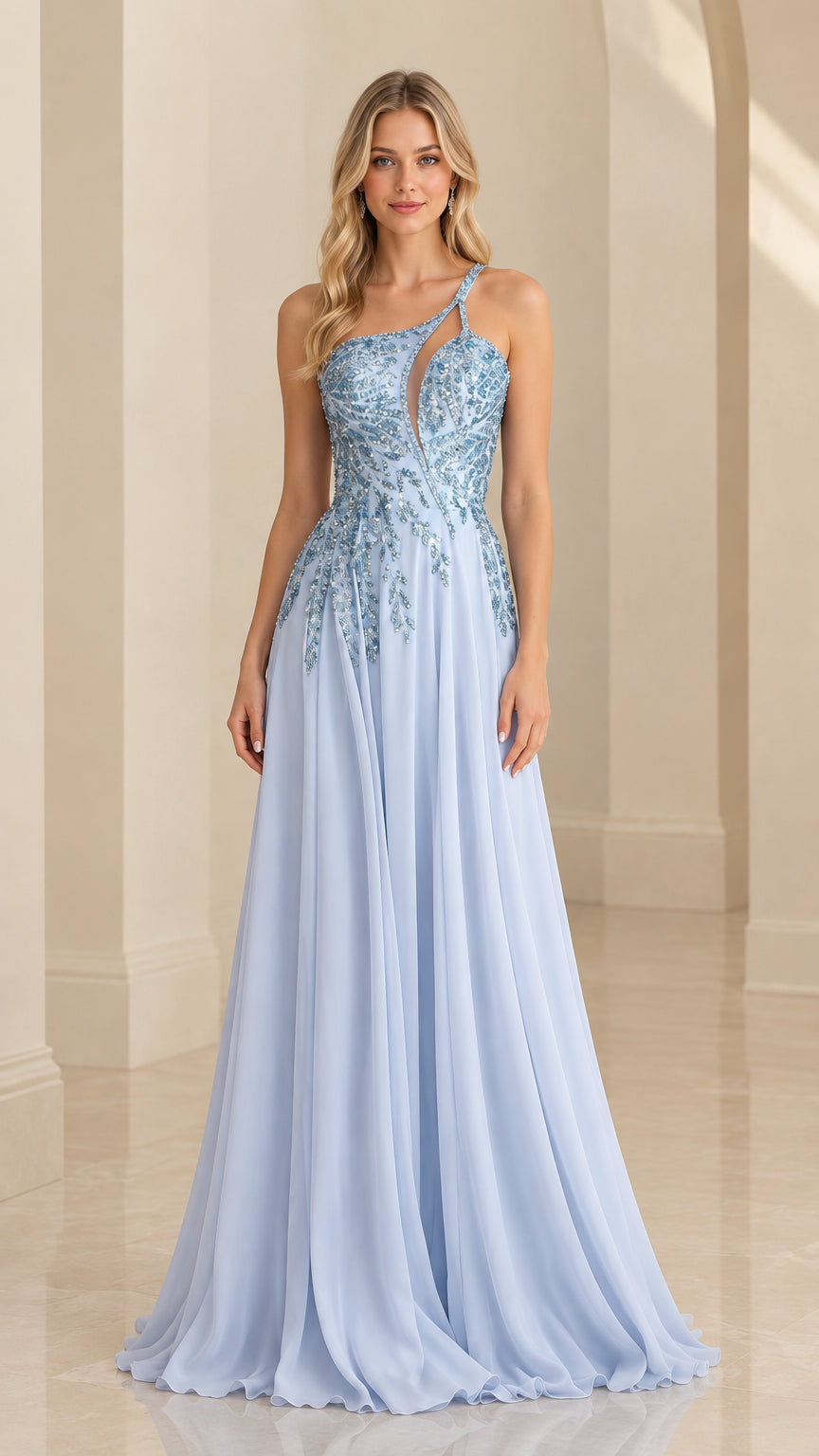 Sky blue one-shoulder beaded formal gown front full view