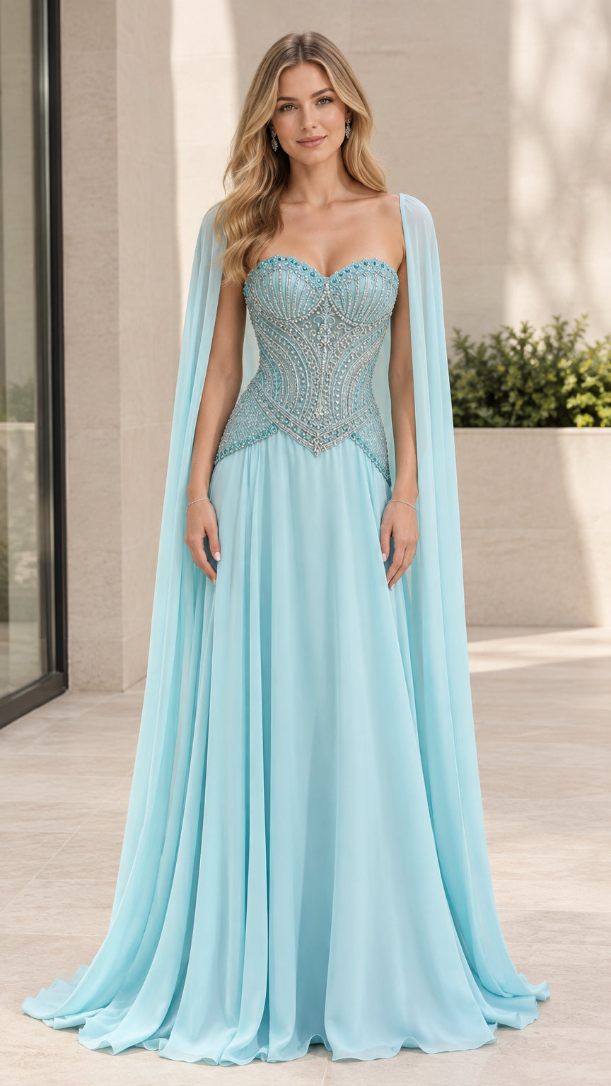 Front view of model wearing sky blue beaded corset cape evening gown