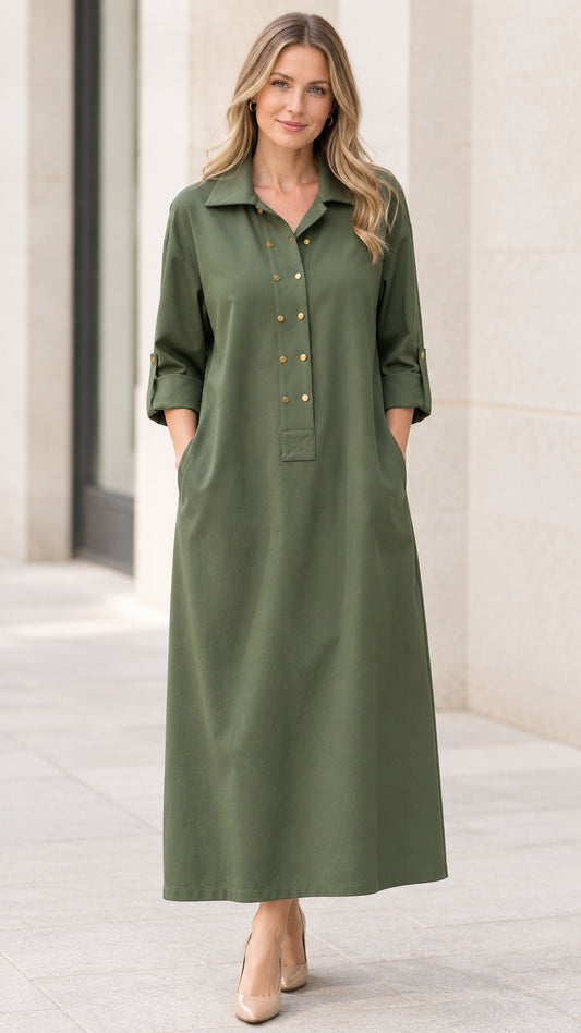 Full front view of women's olive green collared maxi shirt dress