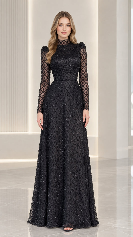 Front view of model wearing black high neck beaded long sleeve formal evening gown