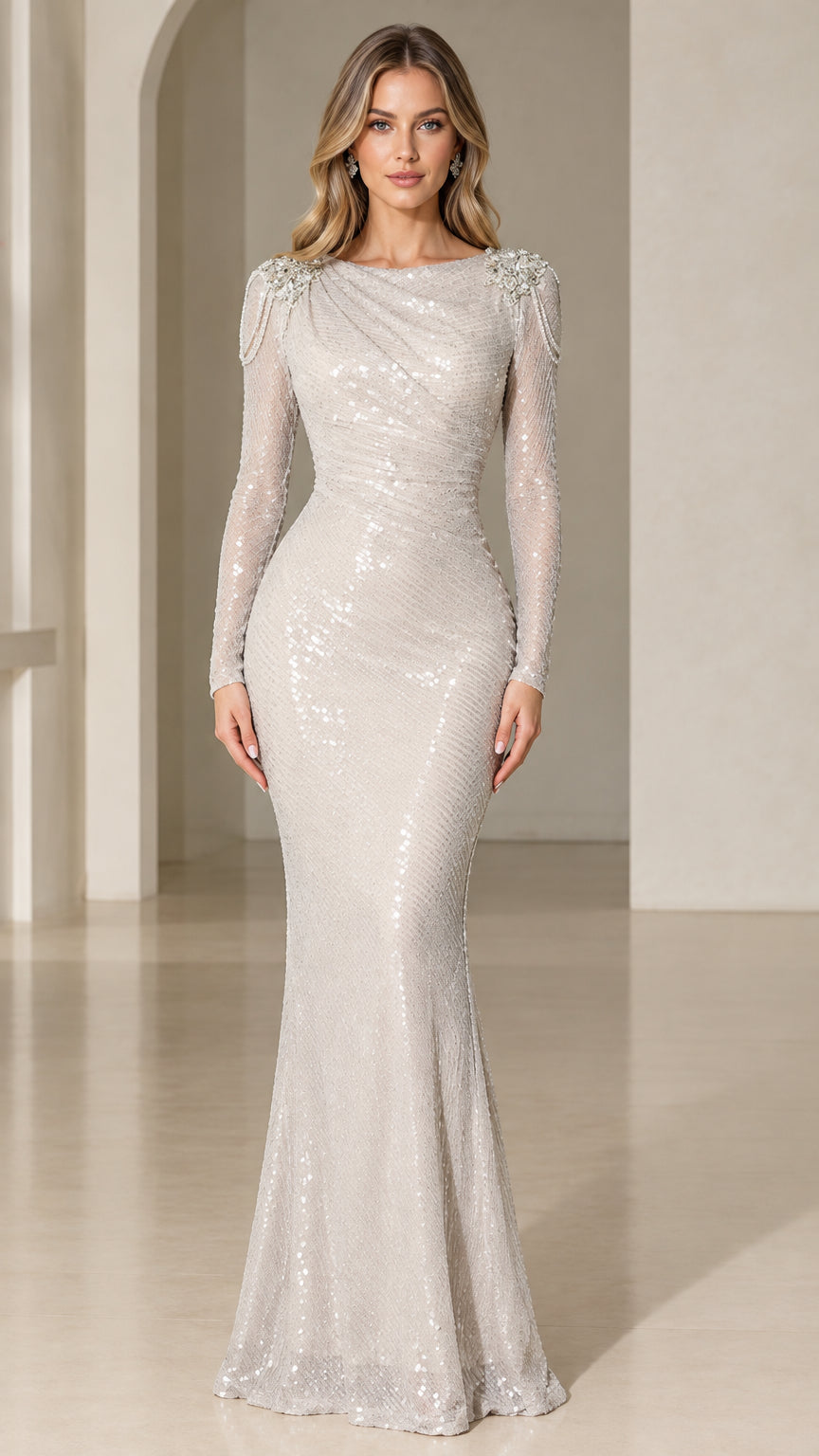 Front view of model wearing silver long sleeve sequin mermaid evening gown with beaded shoulders