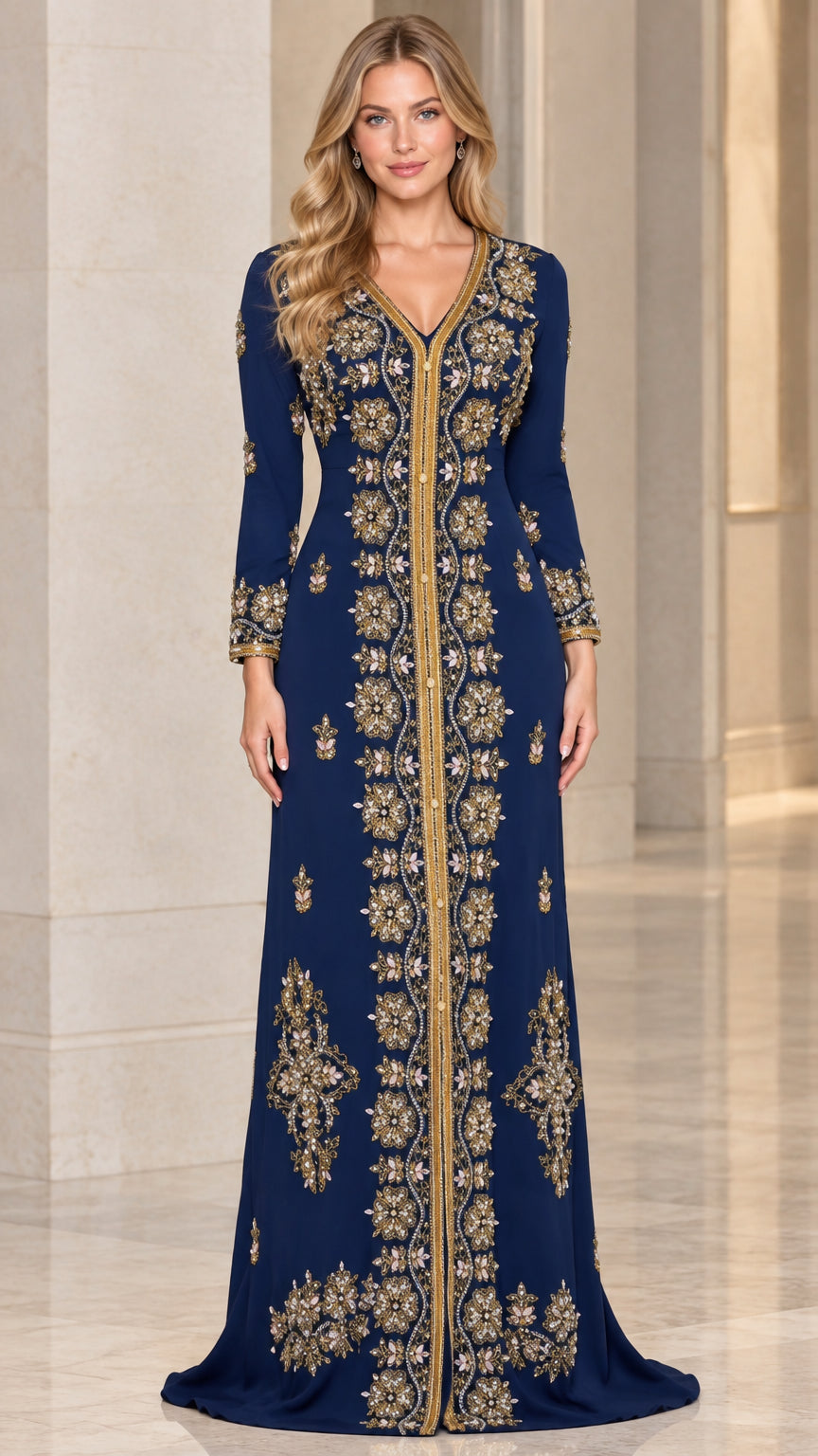 Navy Blue embroidered Moroccan kaftan evening maxi dress front view