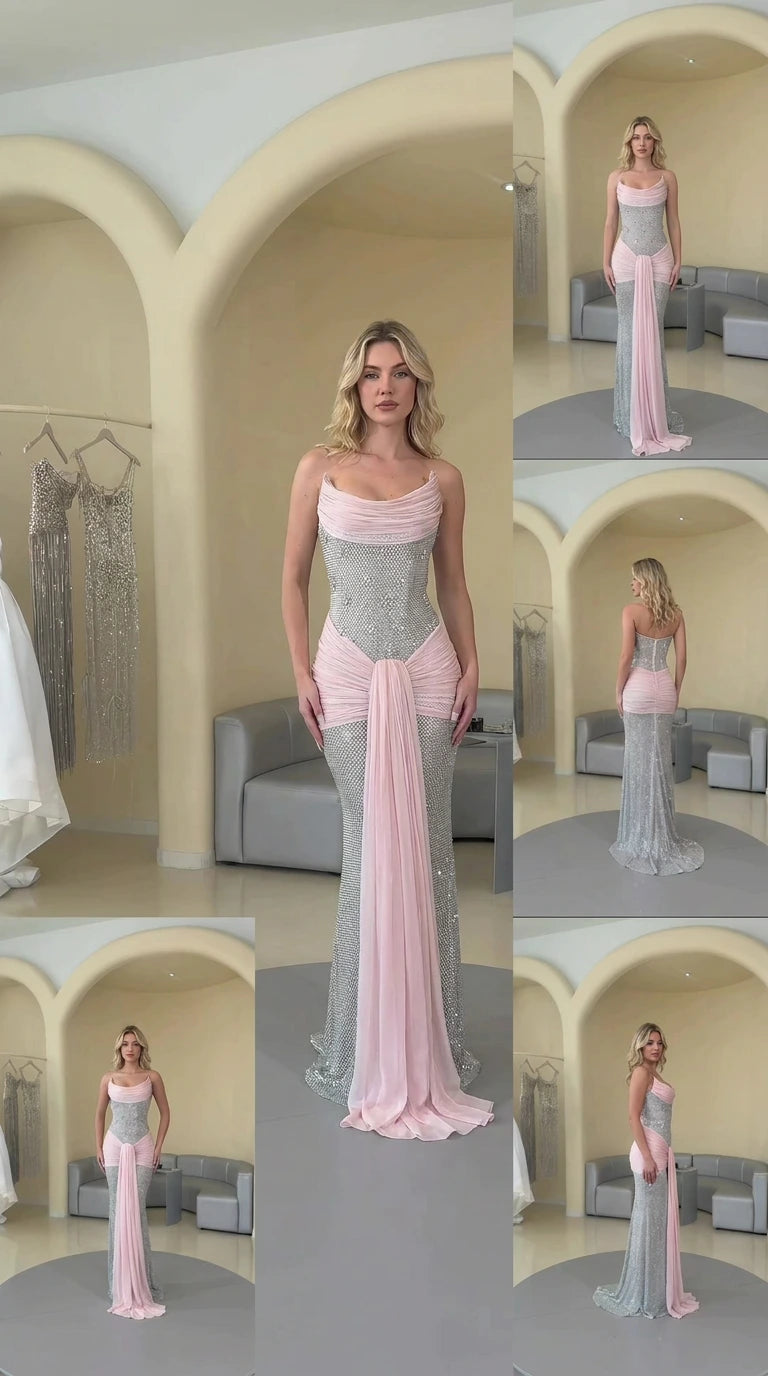 Front, side, and back view of pink and silver rhinestone evening gown with ruched drape