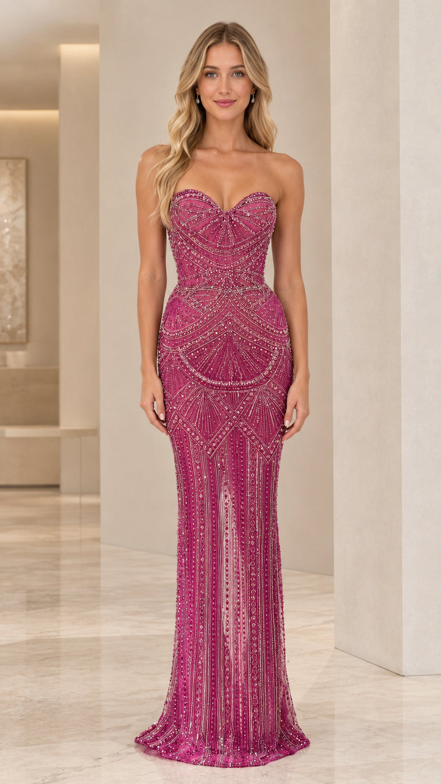 Full front view of strapless sweetheart beaded mermaid evening gown in magenta