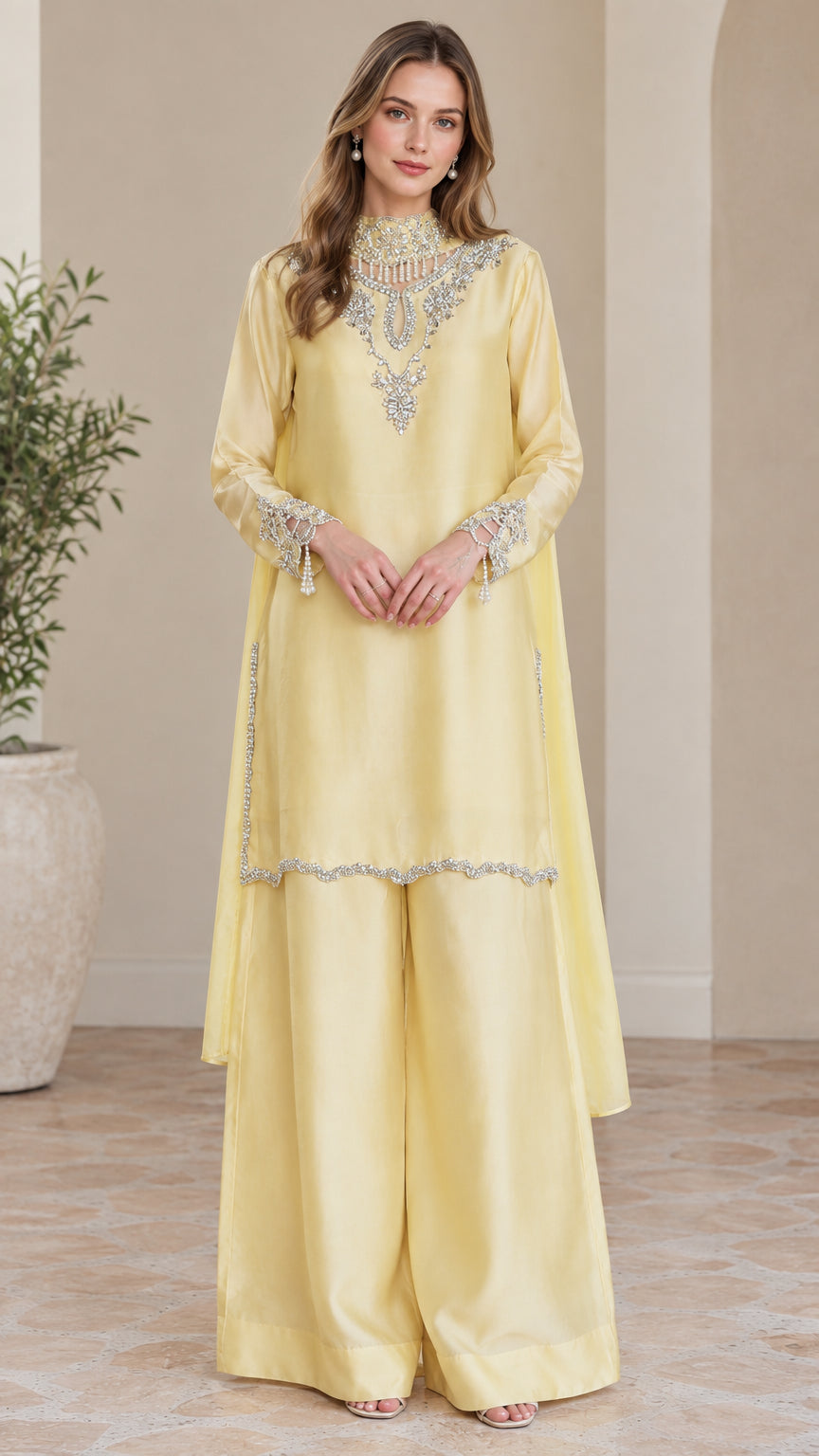 Front full view of pale yellow long tunic and wide leg pants set with crystal embellished neckline