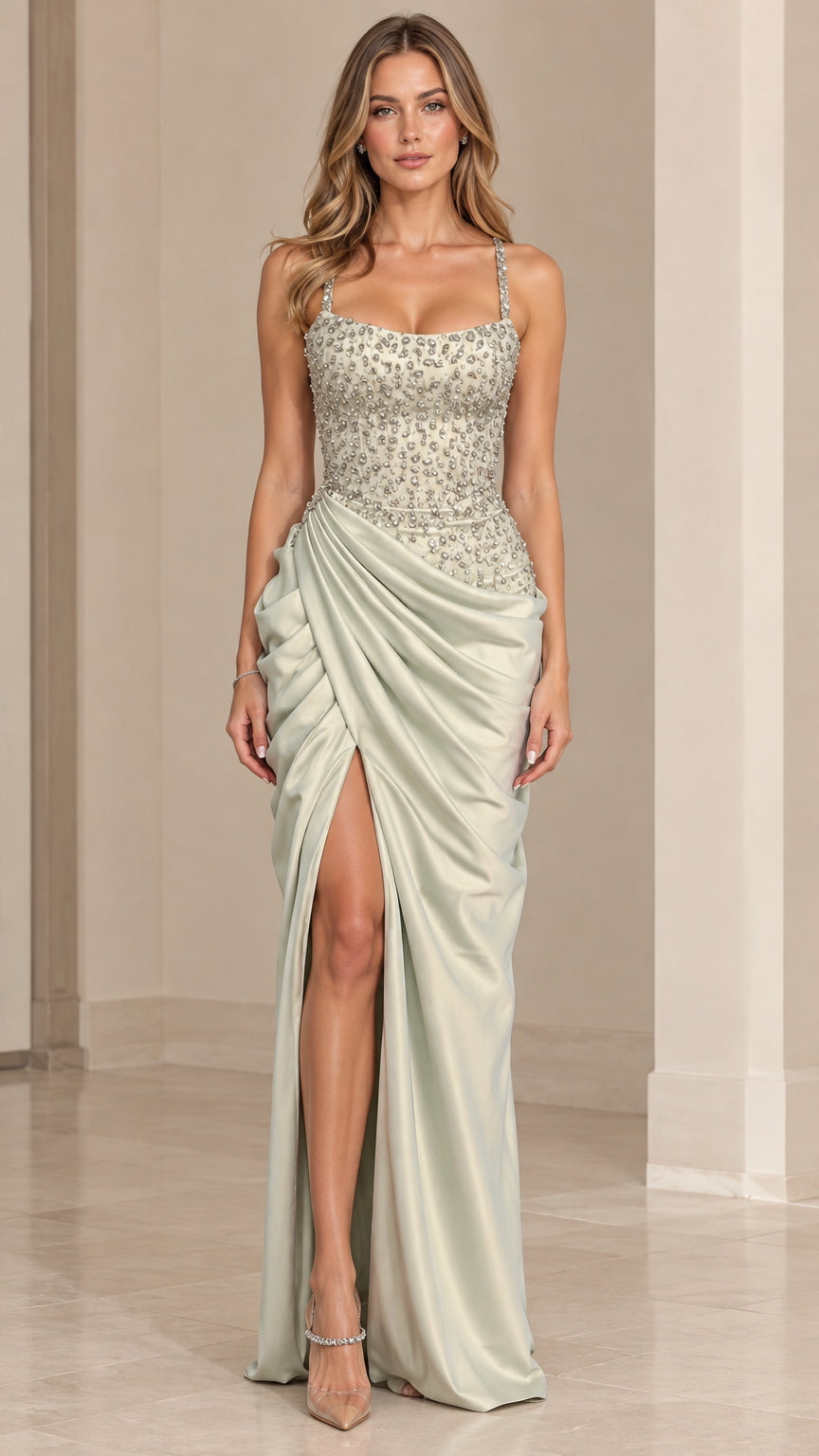 Front view of model wearing sage green embellished corset satin evening gown with high slit