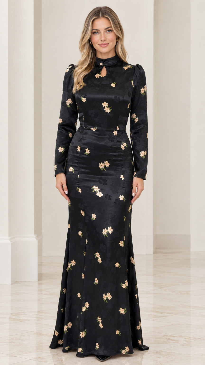 Front view of black floral jacquard long sleeve mermaid evening gown