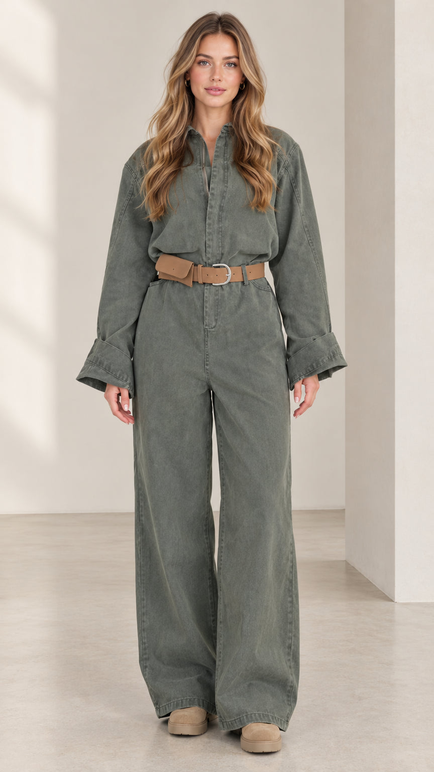 Full front view of women's olive green long sleeve utility jumpsuit with wide legs and belt
