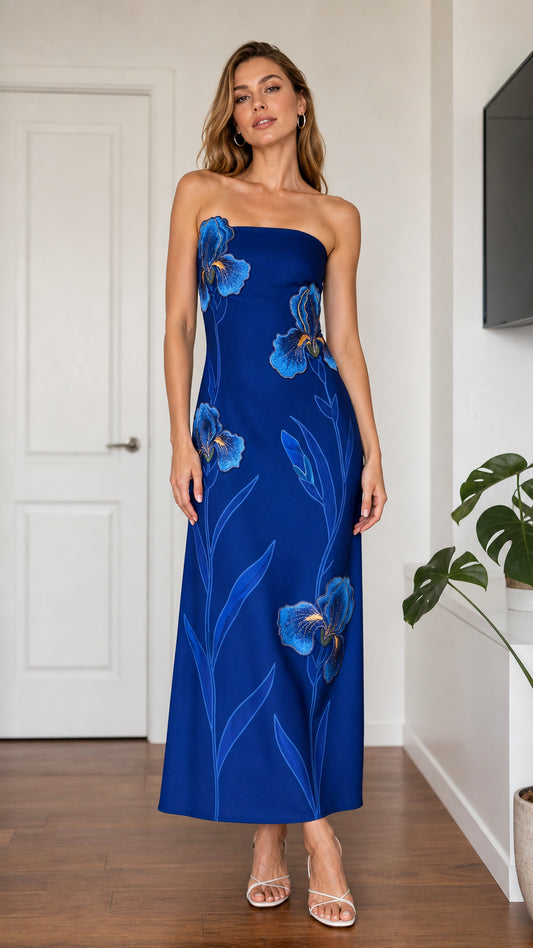 Model wearing royal blue strapless floral embroidered maxi dress from the front