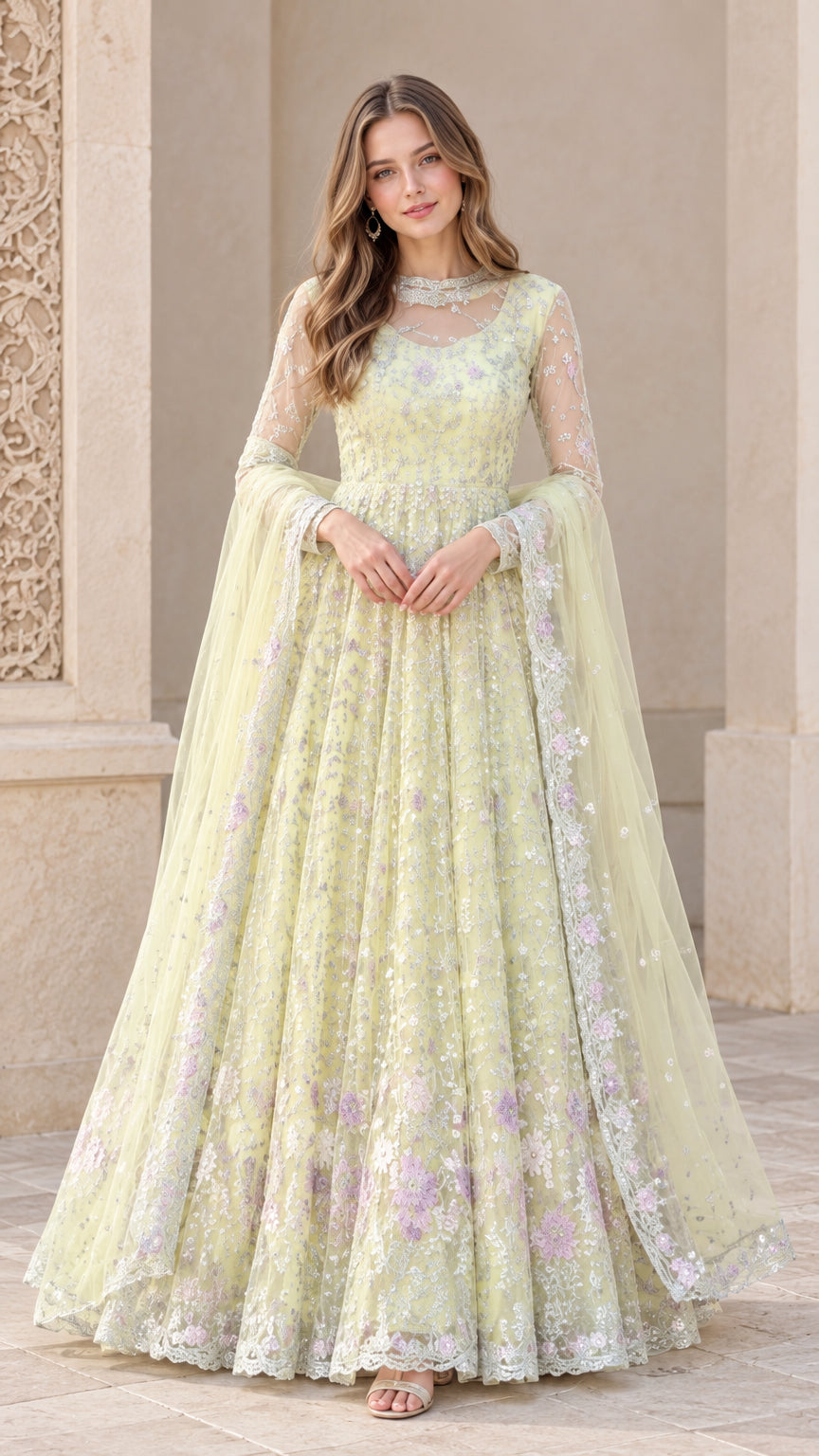 Pale yellow floral embroidered A-line maxi gown with sheer neckline and matching dupatta - front view