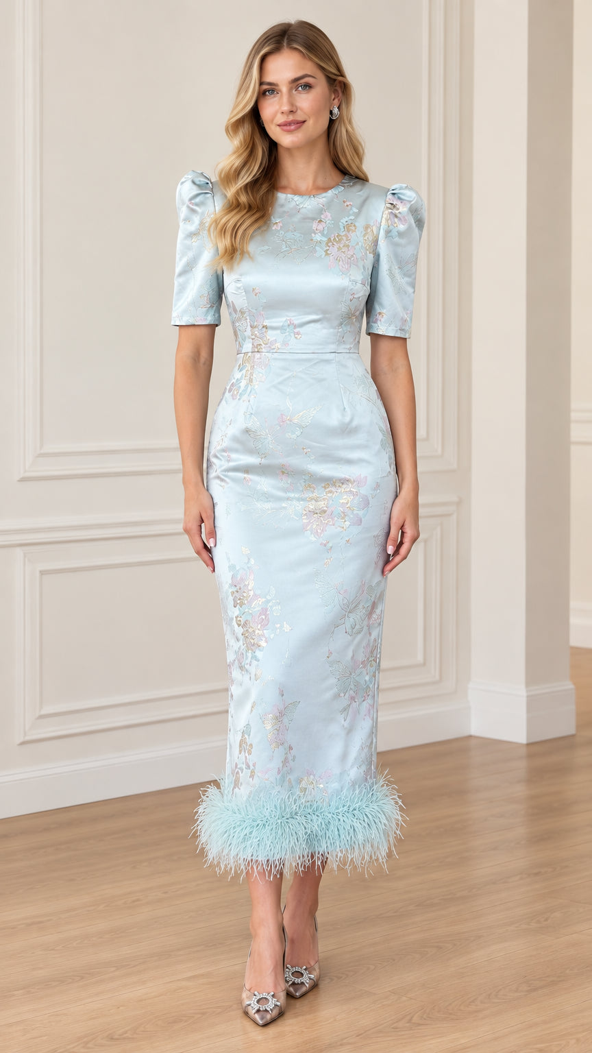 Front view of Light Blue floral jacquard puff sleeve midi dress with feather hem