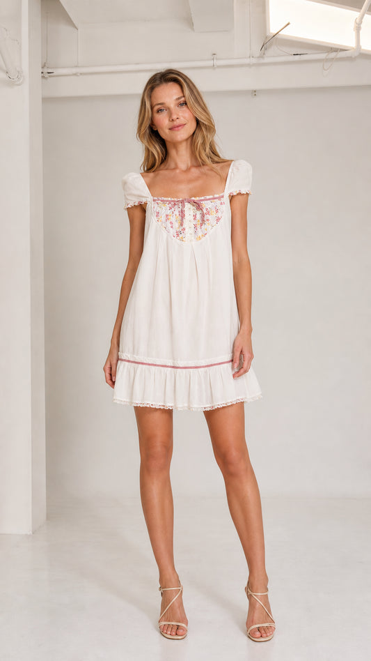 White floral bib babydoll mini dress front view on model