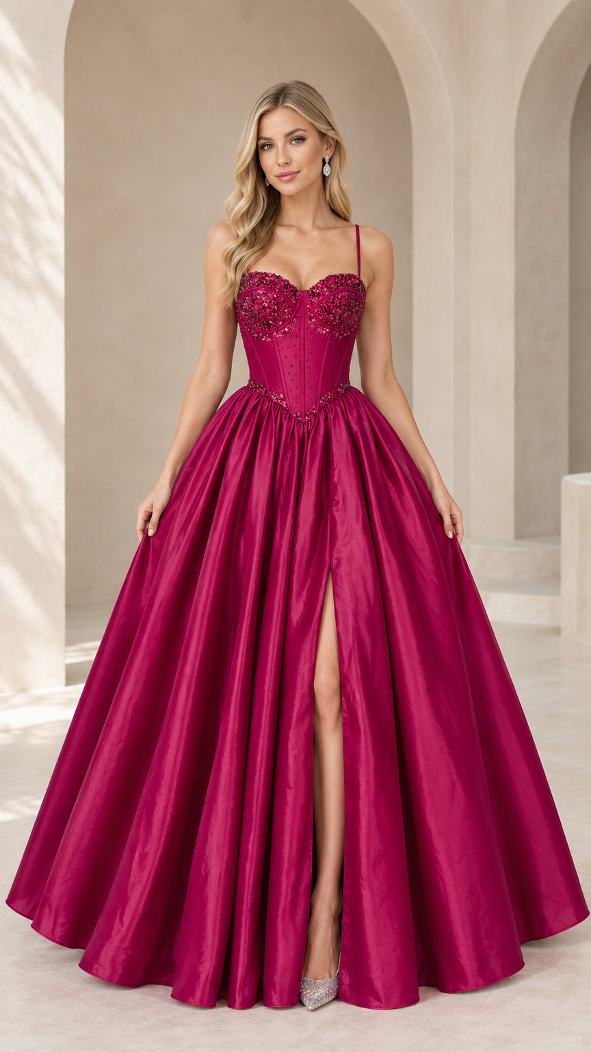 Front view of model wearing magenta beaded corset ball gown with high leg slit