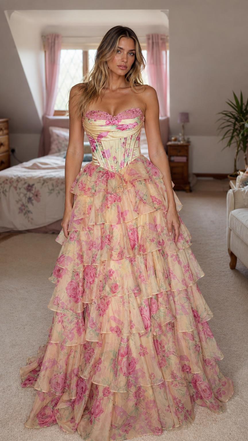 Front view of model wearing yellow floral strapless corset maxi dress
