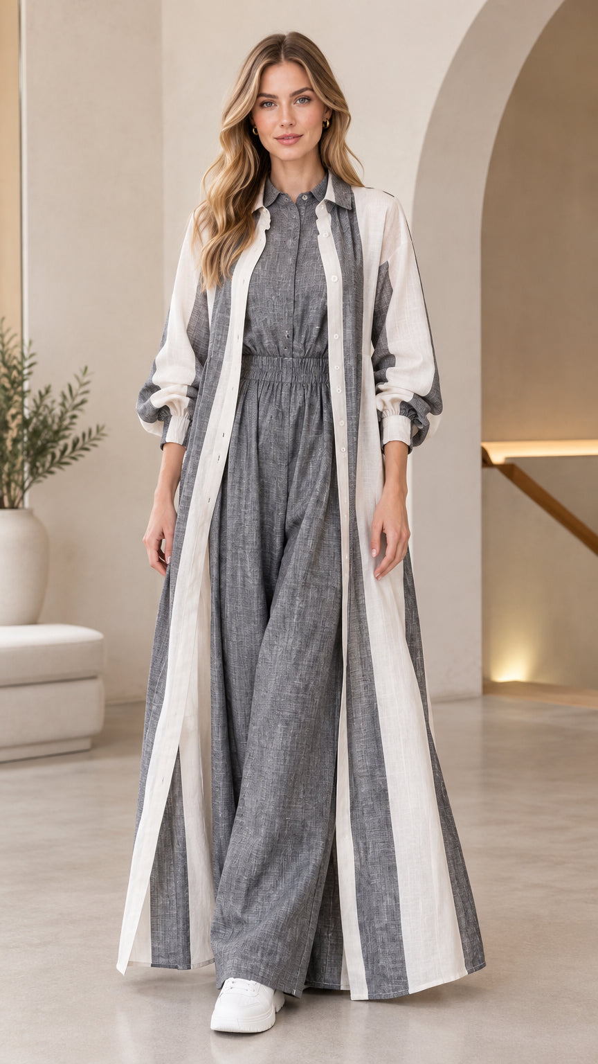 Full front view of women's charcoal grey wide-leg jumpsuit and striped maxi duster set