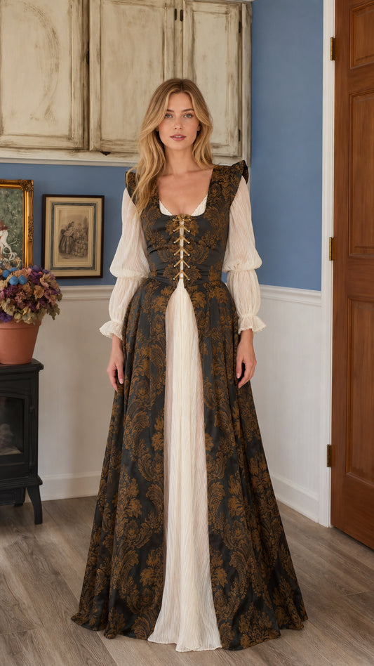 Renaissance medieval lace-up overdress gown front view in dark charcoal