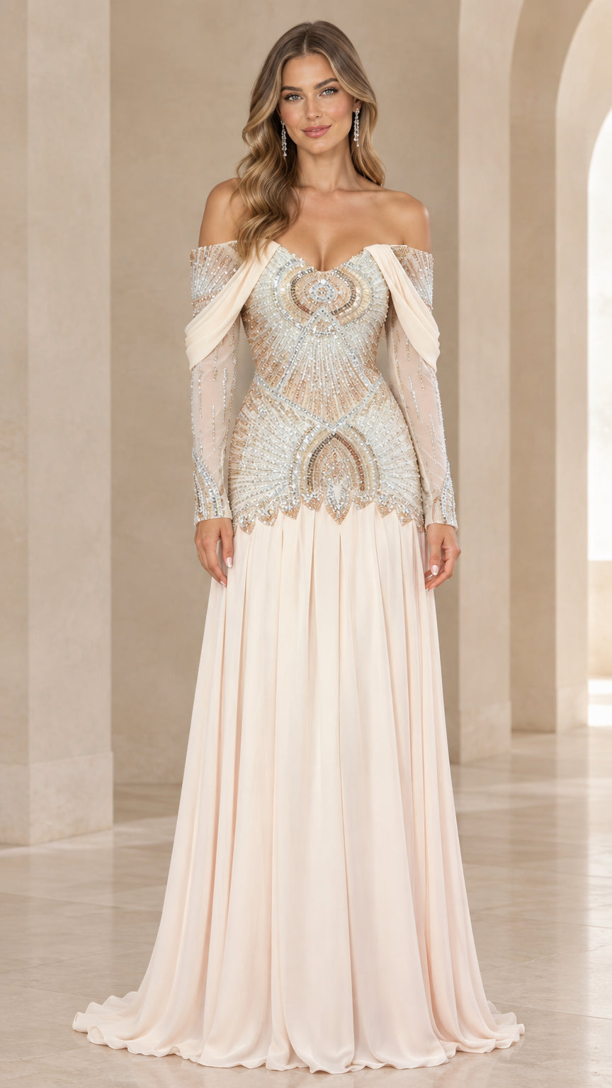 Front full-length view of champagne off-the-shoulder beaded bodice evening gown